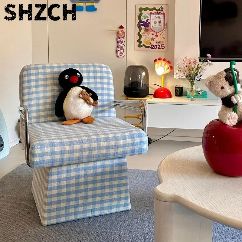 Swivel Plaid Backrest Sofa Chairs Plush Lounge Chair for Living Room Light Luxury Vanity Stool Study Reading Armchair for Office