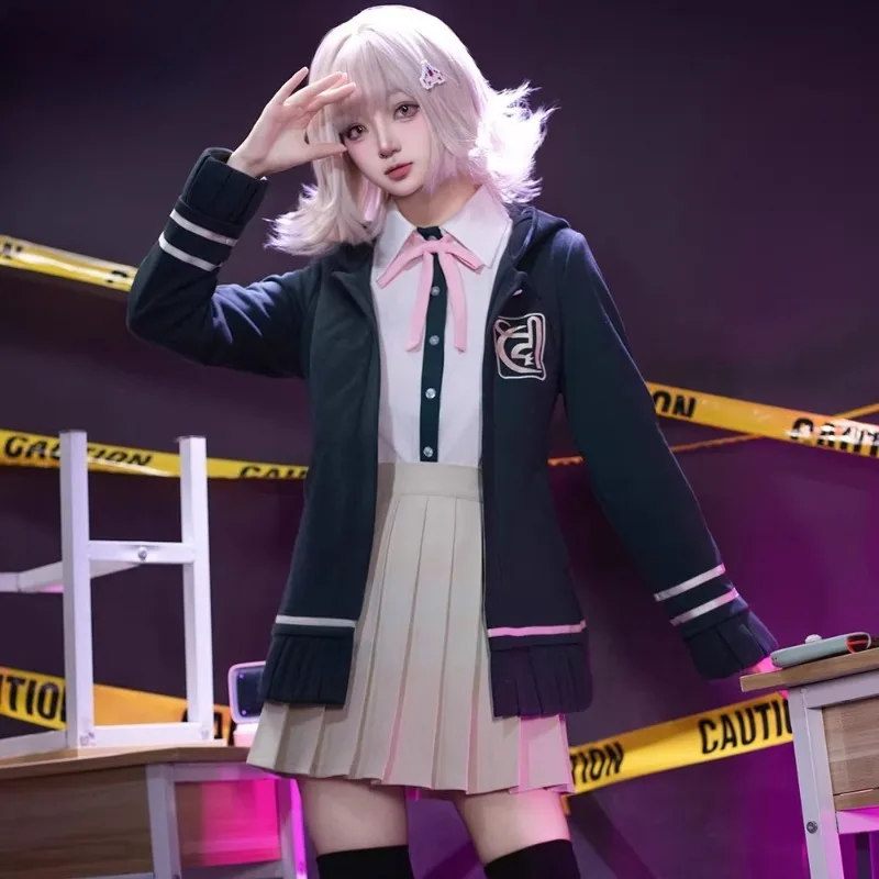 

Game Nanami ChiaKi Cosplay Costume White Shirt Skirt JK Coat School Uniform Wig Full Set for Women Role Play Outfit Party