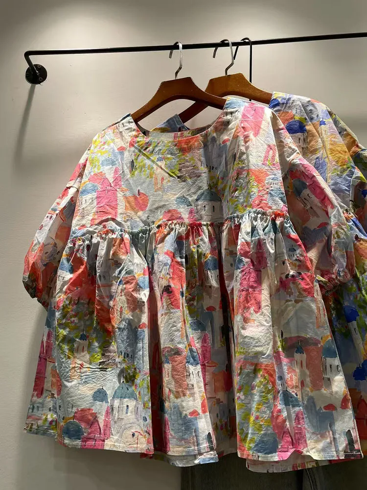 

Летняя женская свободная кукла Bubble Sve из чистого хлопка с принтом, корейская кукла Sle Doll irt ort Sve round Ne