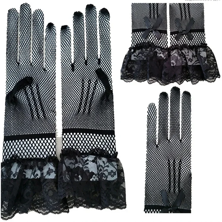 Guantes cortos negros elegantes para novias, accesorios de boda con borde de encaje para novia y dama de honor