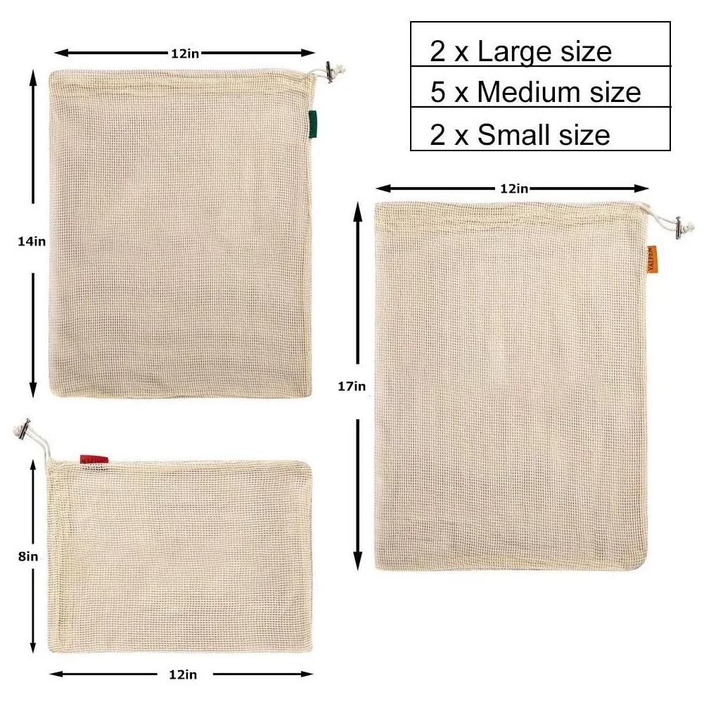 9-teiliges Set wieder verwendbarer Netz beutel für Baumwoll beutel zur Aufbewahrung von Lebensmitteln, Gemüse und frischen Produkten