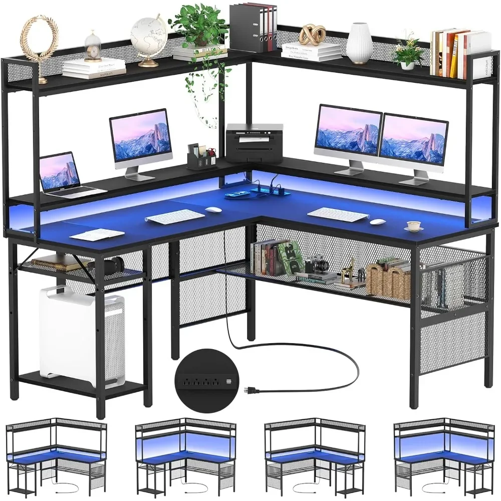 L-Shaped Computer Desk with Storage Shelves & Monitor Stand, Gaming Desk with Led Light