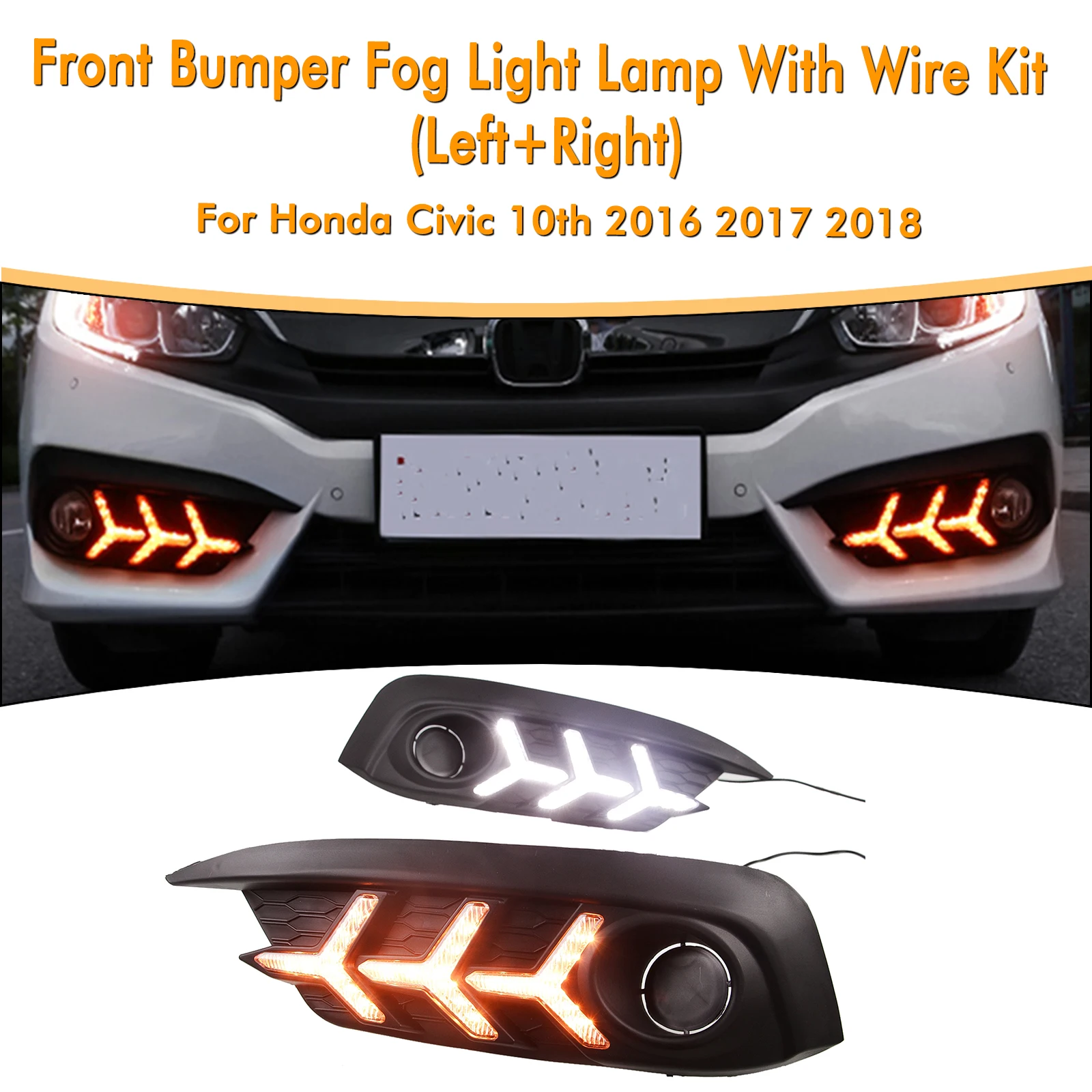 DRL Running Daytime Day Light For Honda CIVIC 10th 2016-2018 Car Front Bumper Air Vent Dynamic Turn Signal Indicator Fog Lamp