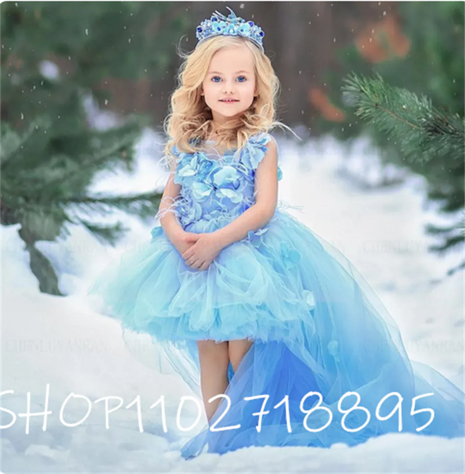 

Ice Blue Flower Girls Dresses 2023 O-Neck Hi-Lo Tulle Kids Wedding Party Dress Applique Feather Puffy A-Line Girl Princess Gowns