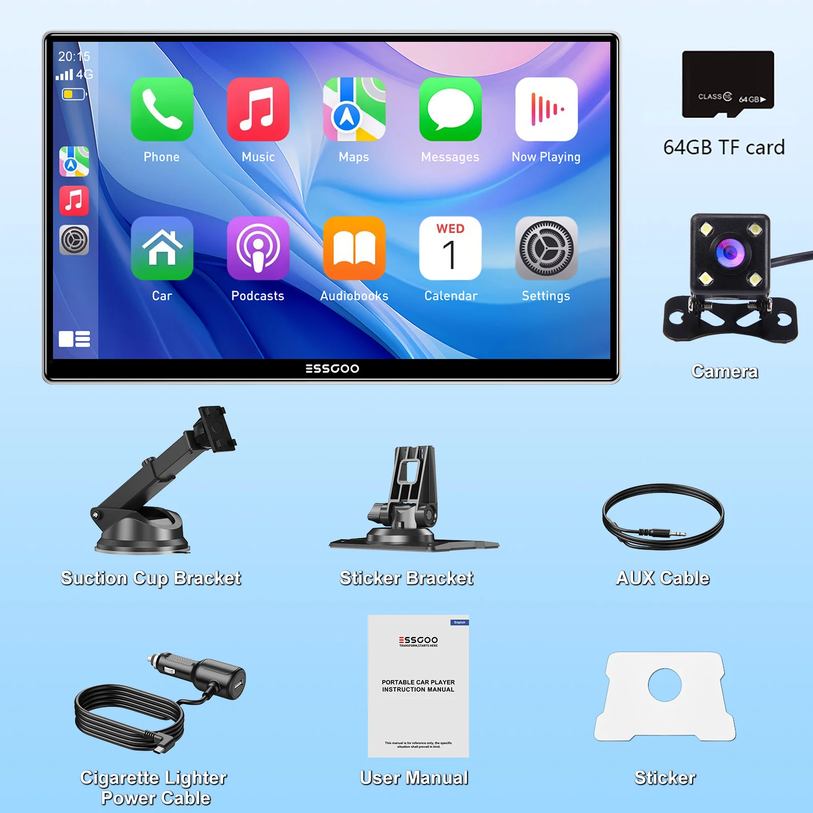 ESSGOO 9-Zoll-Touchscreen, tragbares Autoradio, Radio, kabellos, Apple Carplay, Android, Auto, USB, TF, Bluetooth, Spiegellink