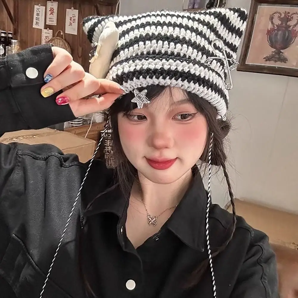 Y2K Beanie Hat Ins Devil Ear Striped Knitted Wool Cap Autumn Winter Hip-hop Crochet Cute Cat Ears Pointed Pullover Women's Hats