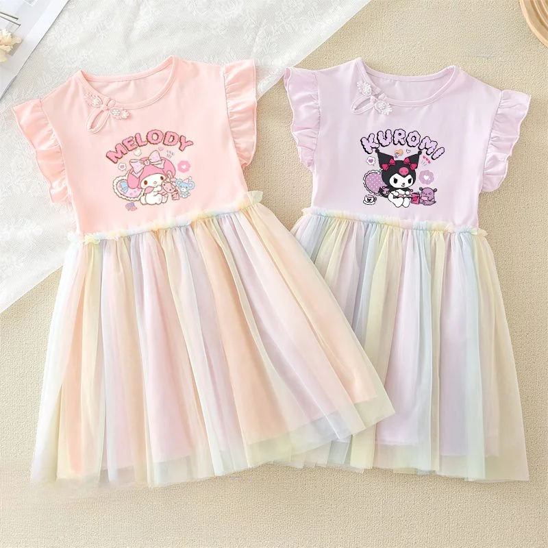 

Sanrio cartoon kuromi My melody anime peripheral new style cute baby girl dress gauze skirt princess dress kawaii gift wholesale