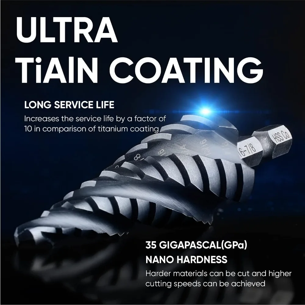 Toolant Set di punte per trapano a cobalto con quattro flauto a spirale (Pro Max), 1/8-7/8 (3 pezzi) Punte per smontaggio Unibit pronte per impatto 1/4 con codolo esagonale per