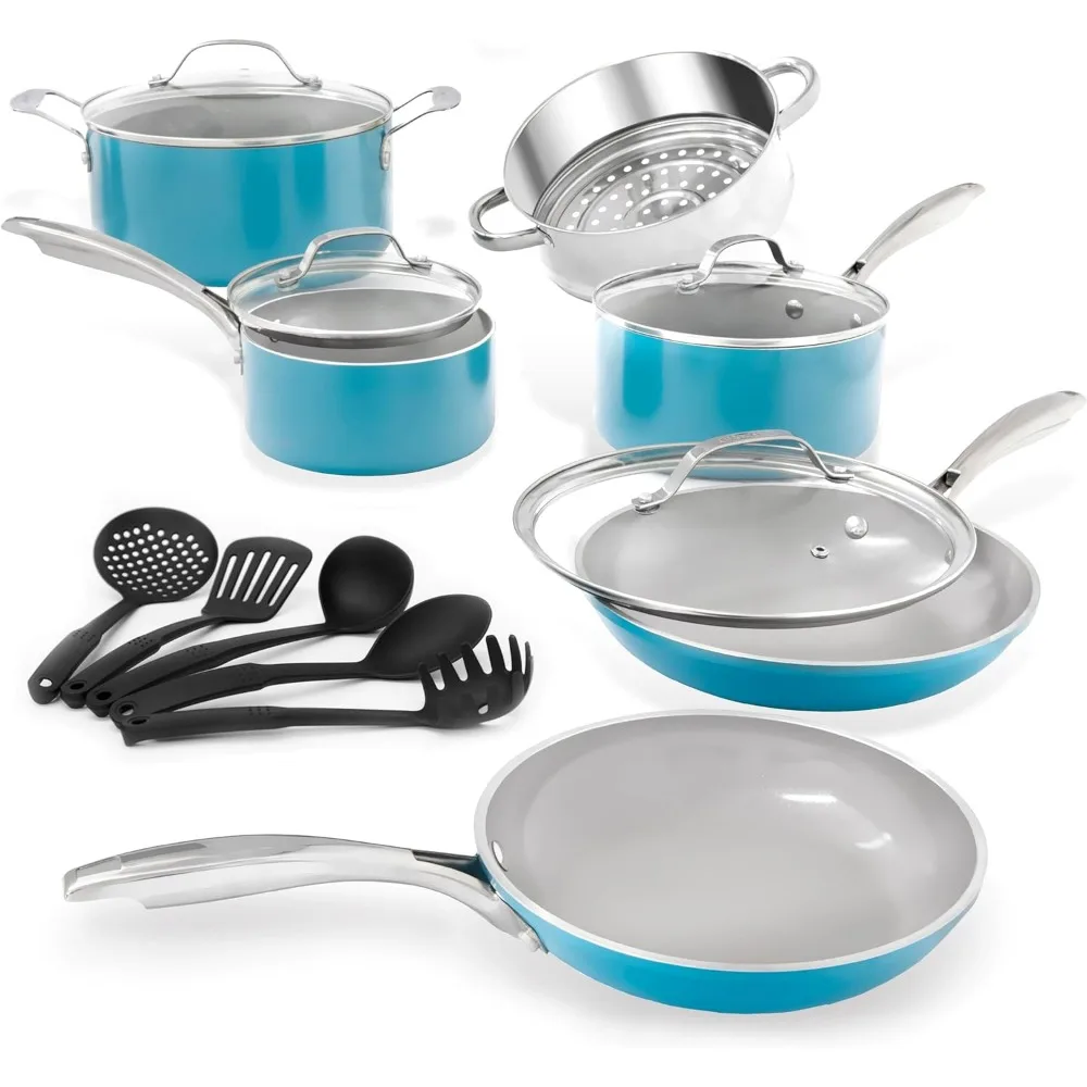 20 Piece Pots and Pans Set Nonstick Cookware Set Non-stick Cookware for Kitchen Dishwasher Safe Aqua Blue Dining Bar Home Garden