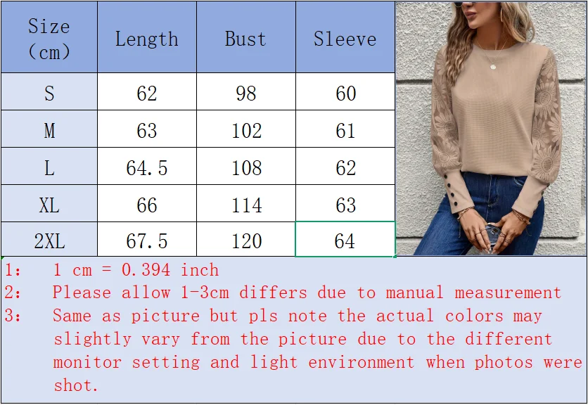 Beigefarbenes Waffelstrickoberteil für Damen, Spitze getäfelt, Blumenärmel, Knopfmanschetten, Rundhalsausschnitt, für lässige, schicke Street-Fashion-Alltagskleidung – Detail 1