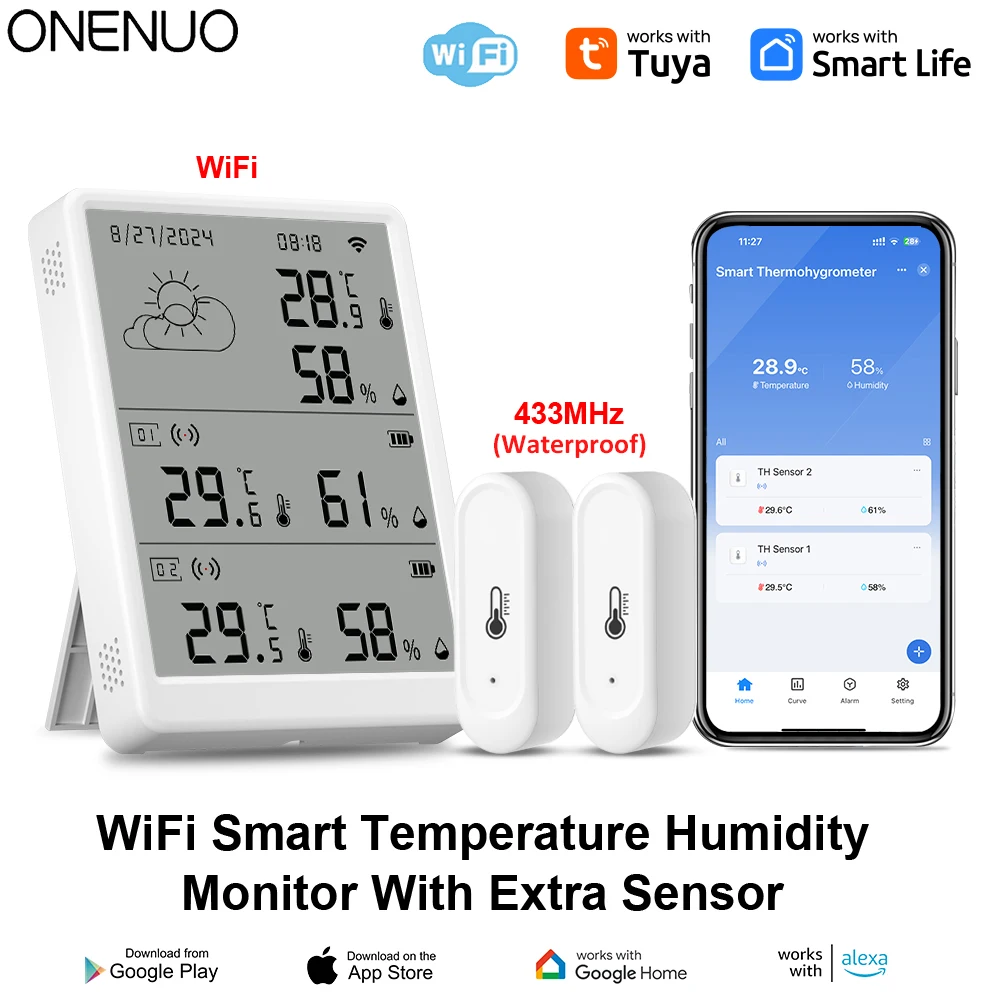 Tuya WiFi Weather Station Smart Thermohygrometer Kit WiFi Gateway&Outdoor IP65 Waterproof 433mhz Thermohygrometer with App Alert