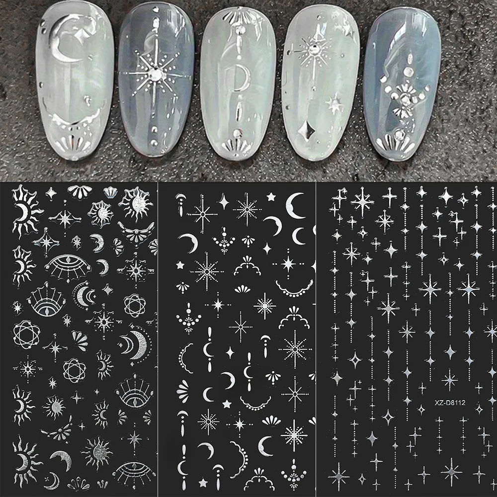 12 pz 3D Argento Metallico Nail Art Sticker Stella/Luna/Fiore/Geometria/Line Design Decalcomanie per unghie Pentagramma Farfalla Decorazione per unghie *