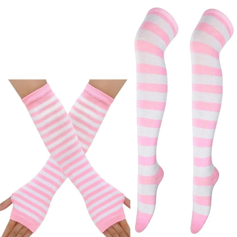 Fashion Stripe Thigh High Socks Gloves Set for Female Christmas Party Costume Accessories Stretchy Socks Cosplay Props