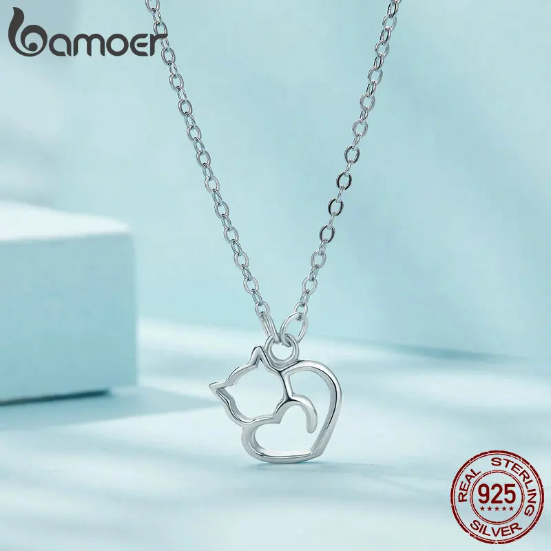 BAMOER 100% 925 Sterling Silver Minimalist Lovely Cat Pendant Necklace Cute Animal Neck Chain for Women Birthday Gift SCN188