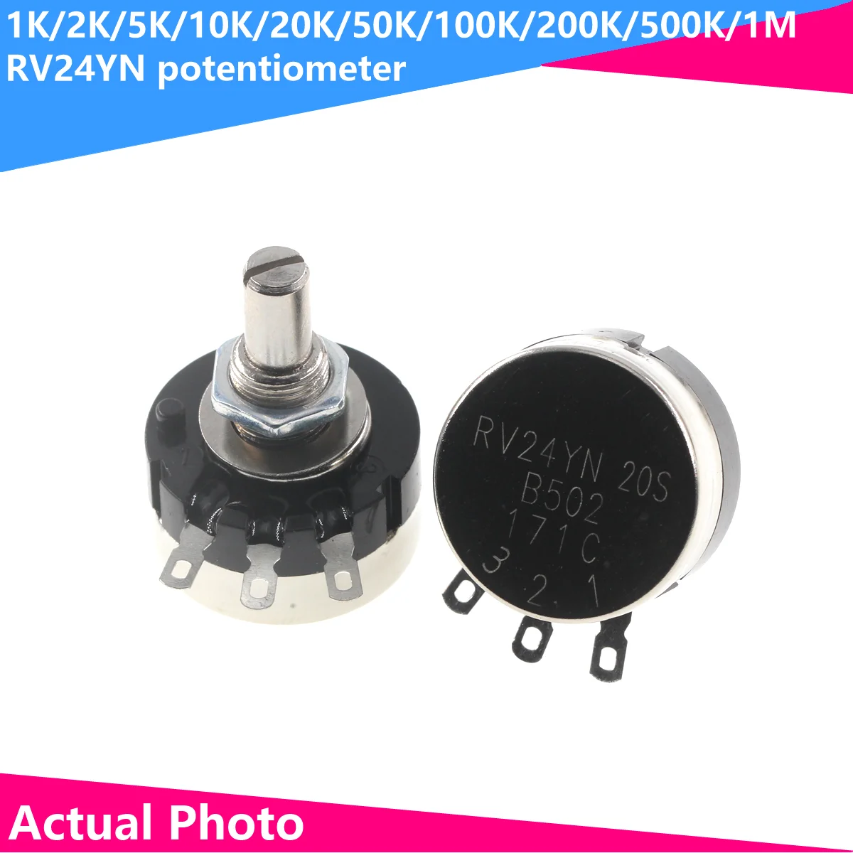 

RV24YN20S 1K 2K 5K 10K 20K 50K 100K 1M Ohm Single Turn Carbon Film Rotary Taper Potentiometer