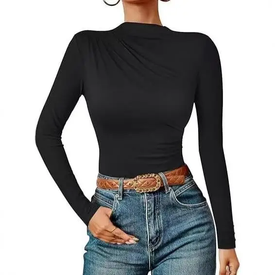 Camiseta de Manga Larga para Mujer, Top Ajustado con Pliegues, Estilo Europeo, Corte Entallado, Tela de Poliéster y Lycra, Cuello Redondo