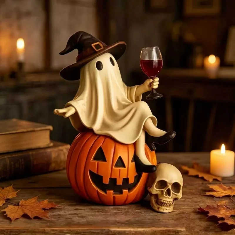 Halloween Resin Ghost Statue, Pumpkin Ghost Artificial Resin Sculpture, Retro Candy Rack,Party Decoration Home Decoration, Gifts