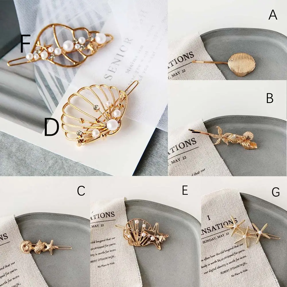 Summer New Sea Alloy Shell Conch Women Rhinestone Hair Clips Pearl Clip Barrettes Hairpins