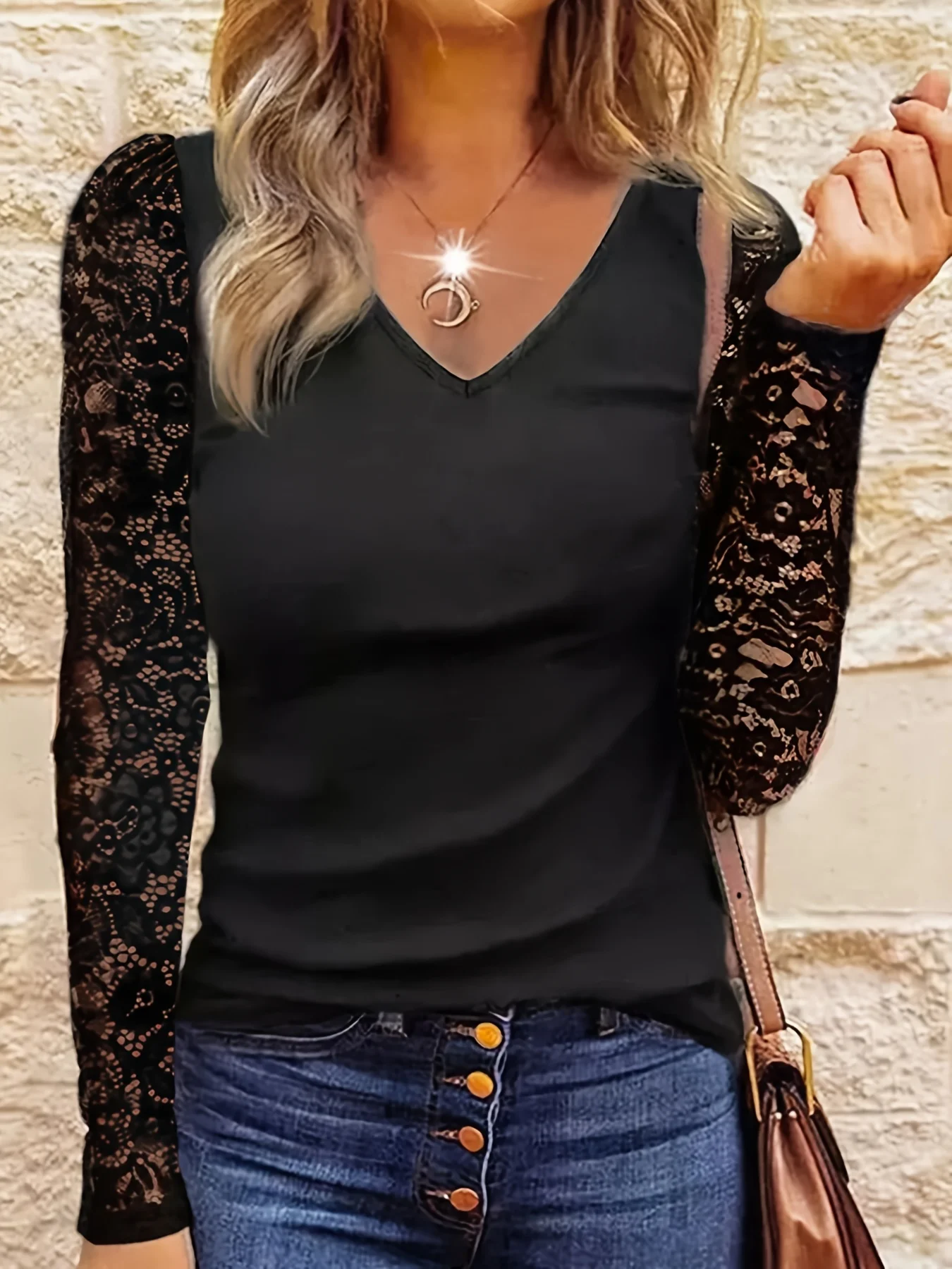 Women Fashion Solid Color Tee Shirts Casual V Neck Full Long Sleeve Shirts Ladies Basic Chic Lace T-Shirt