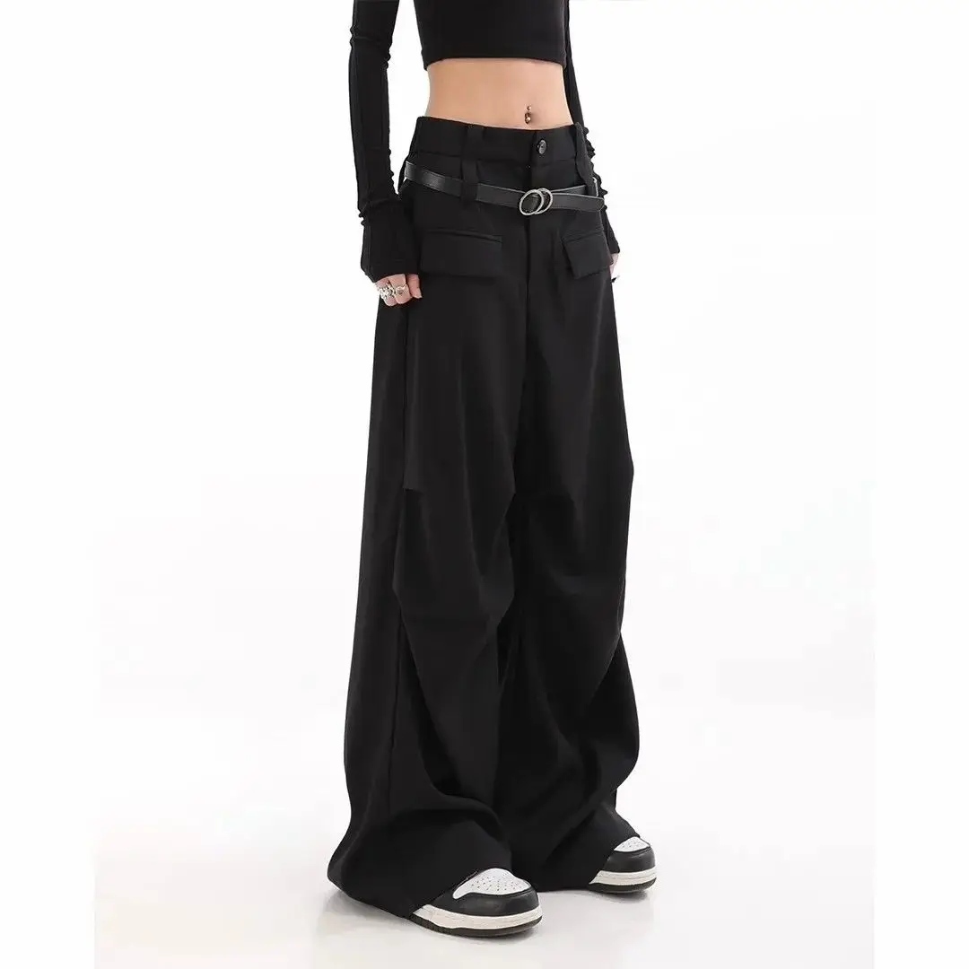 Wrinkled Silhouette Drape Suit Pant Women New High-end Gray Wide Leg Casual Korean High Waist Fashionable Loose Trousers