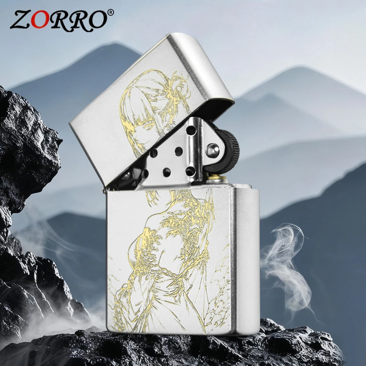 New Authentic ZORRO Sand Chrome Girl Kerosine Lighter, Personalized Retro Men's Cigarette Lighting Tool