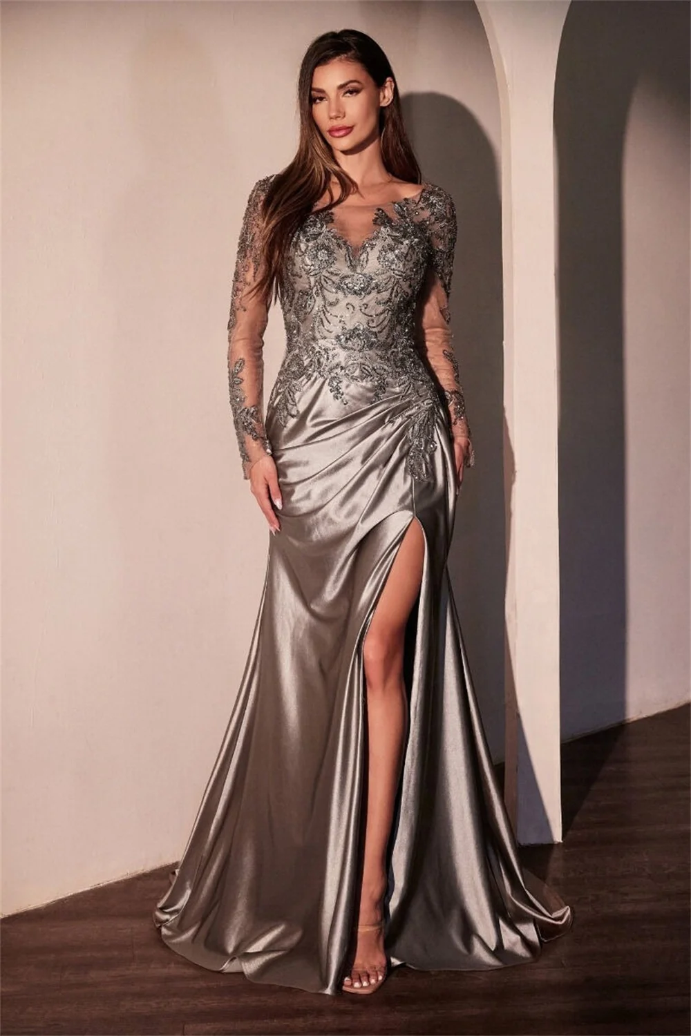 Mila Embroidery Sweetheart Neck Prom Dresses Long Sleeve Side High Split Customized Formal Evening Floor-Length vestidos de gala