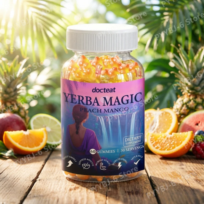 

Жевательные конфеты Yerba Mate с персиком и манго, с пребиотическими волокнами и экстрактом львиной гривы, для естественной энергии, диетическая добавка для взрослых, 60 штук