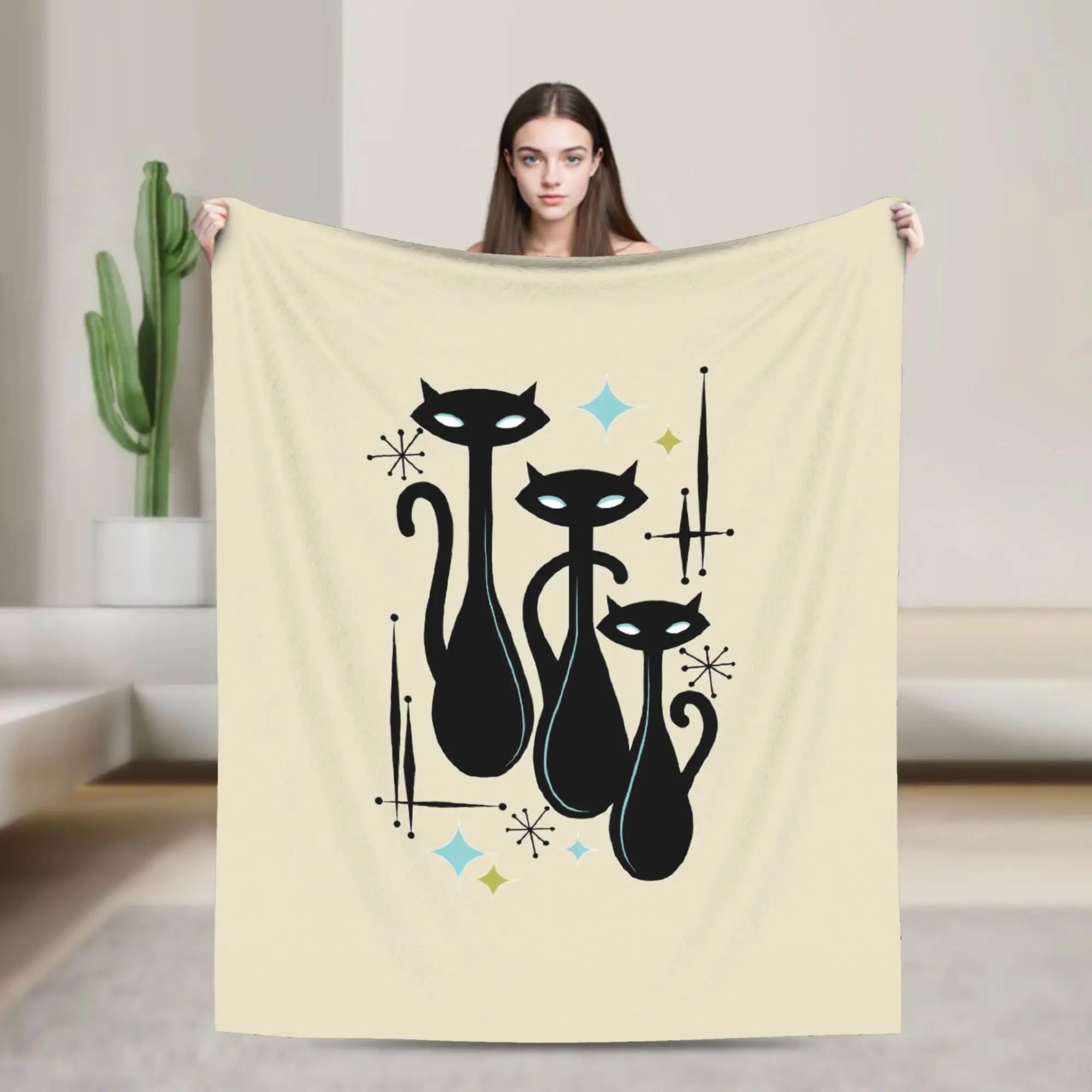 Custom Modern Meows Atomic Age Black Kitschy Cats Blanket Warm Fleece Soft Flannel  Throw Blankets for Bedding Couch Car Spring