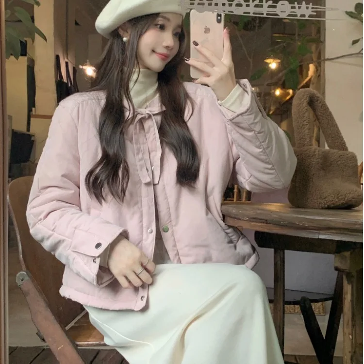 Women's Cotton Jaet Autumn Winter Korean Sle Chic Versatile Sweet Fre College Sle round Ne Dstring Top