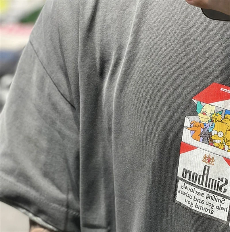 Summer Top EPIDE Cigarette Box Print Retro Short Sleeved High Street Casual Loose Vintage T-shirt Oversize Washed Pure Cotton