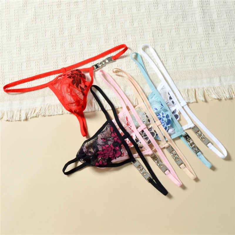 Men's Thong Embroidered Lace Sissy Panties Metal Chain Adjustable Strap Hollow Perspective Low-Rise Pouch Underwear T-Back