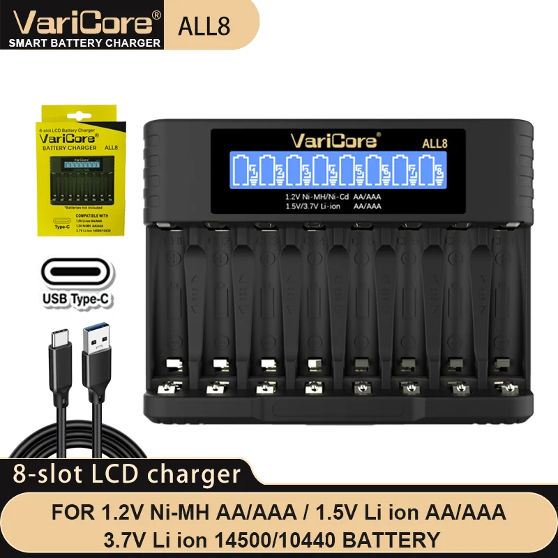 VariCore 2-12 slots Carregador de bateria inteligente portátil para 3.7V Lítio 18650 26650 21700 18500 18350 1.2V NI-MH Ni-Cd AA AAA