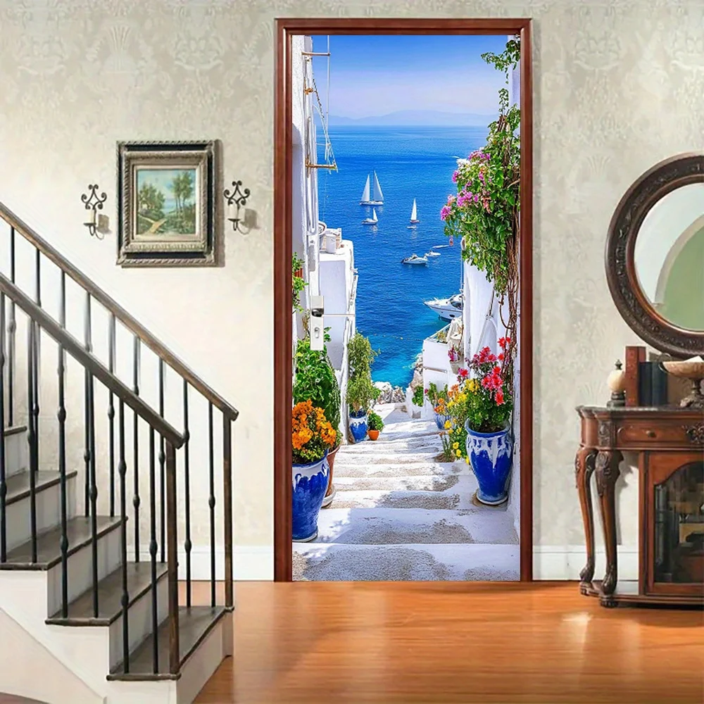 1 Sailboat Door Mural, Sea View Self-Adhesive Mural, Blue and White Vase Sticker, Flower Door Mural, Coastline Door Sticker Deco