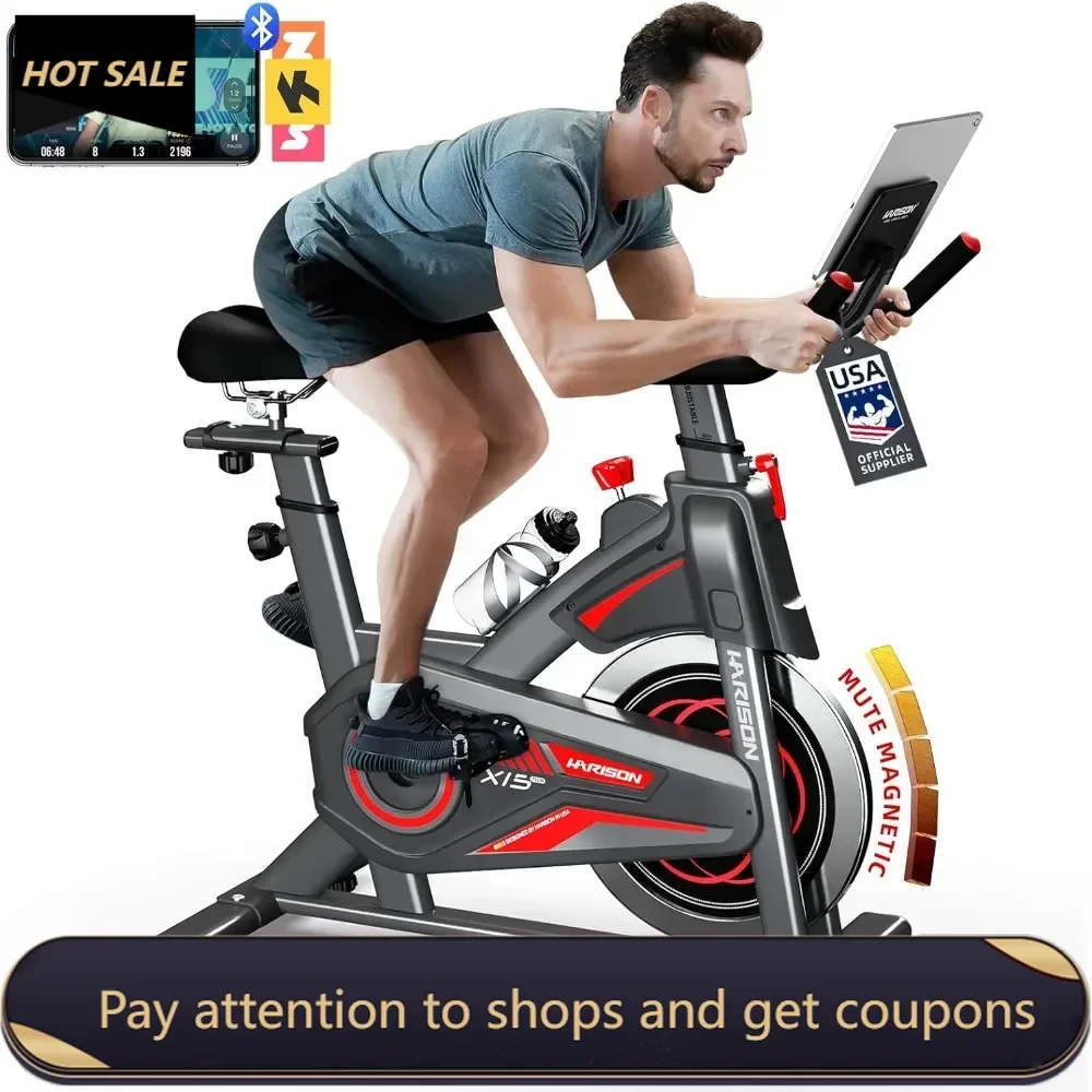 Magnetic/Brake Pad Exercise Bike, Bluetooth Stationary Bikes for Home with Tablet Holder & Comfortable Seat Cushion