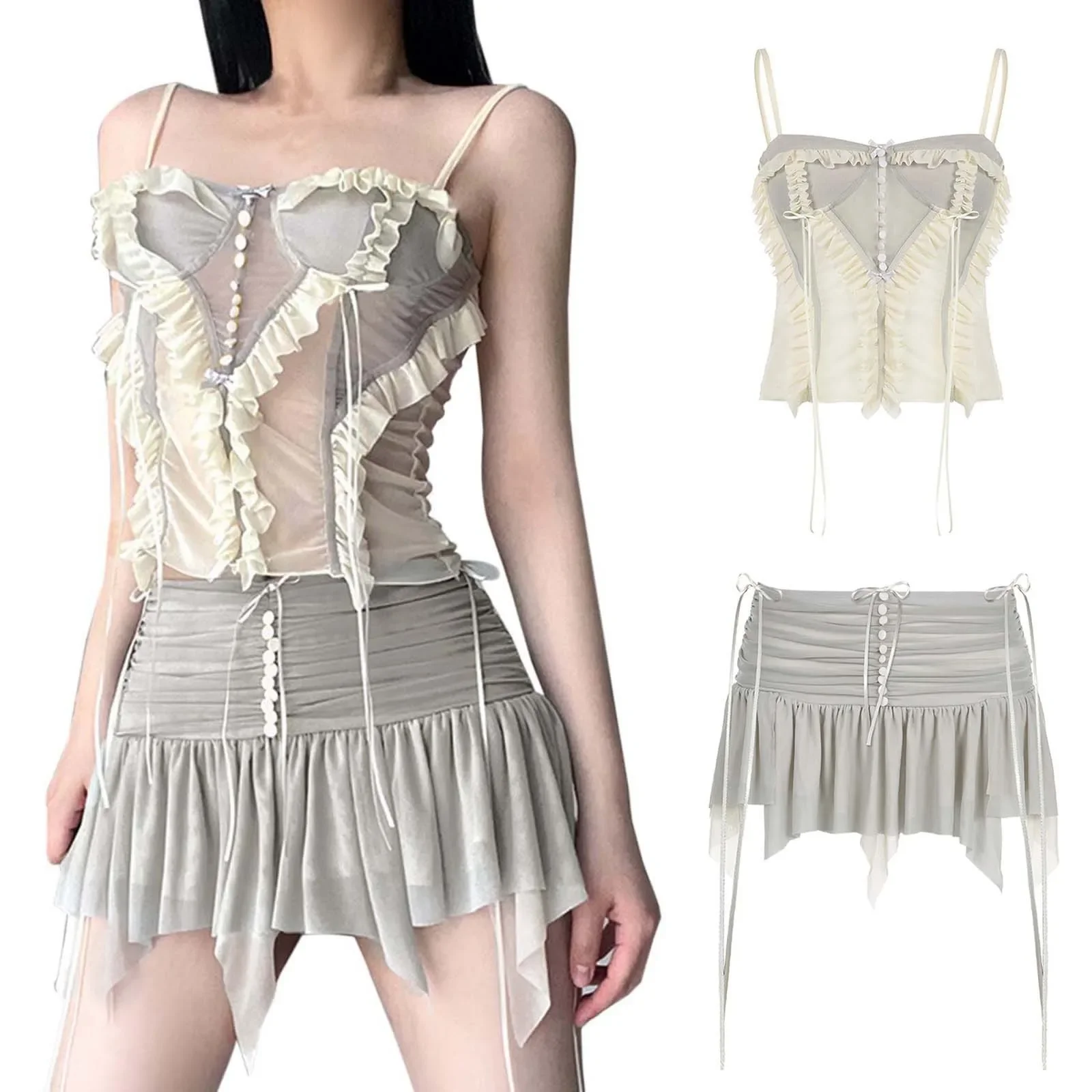 

2025Women Summer Outfits Sexy Ruched Patchwork Mesh Lace Camisole Vest+ Y2k High Waist Irregular Drawstring Skirts Two Piece Set