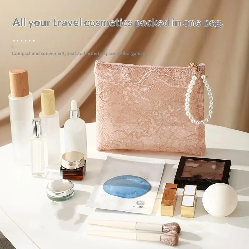 Kosmetiktasche aus Spitze mit Perlen-Handgelenkschlaufe und halbtransparentem Design, perfekt für die Aufbewahrung des täglichen Make-ups und für den Reisegebrauch. – Detail 3