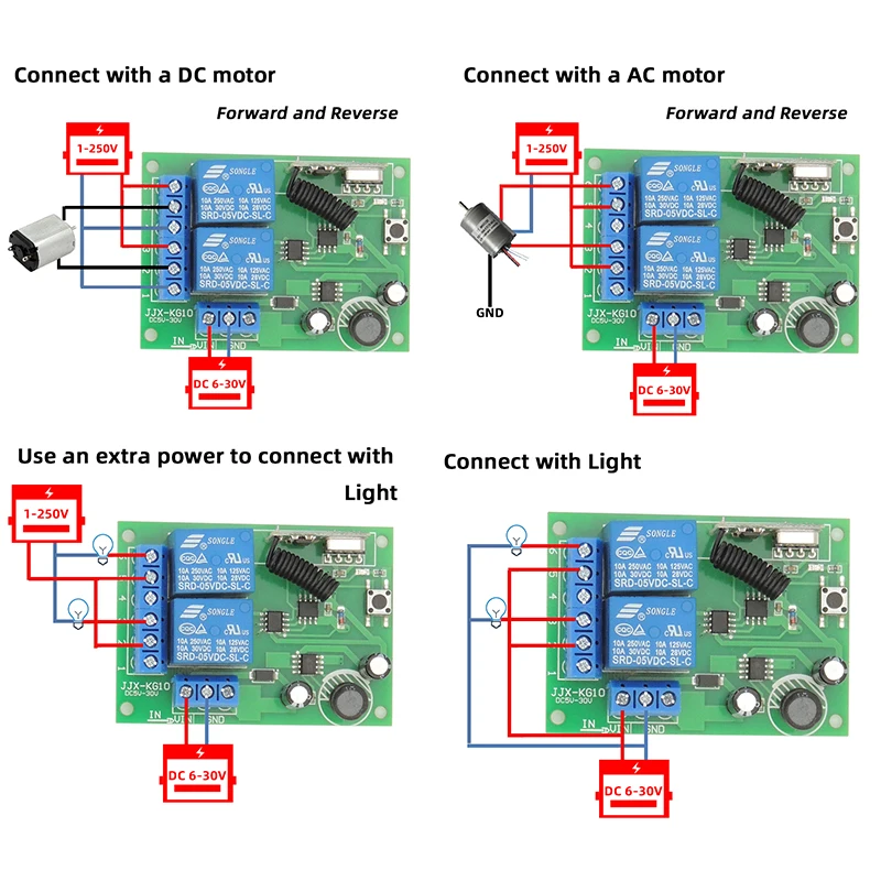 Télécommande sans fil universelle 433Mhz DC6V 12V 24V, relais rf 2CH et émetteur 4B pour porte/moteur/lumière/appareil ménager/bricolage