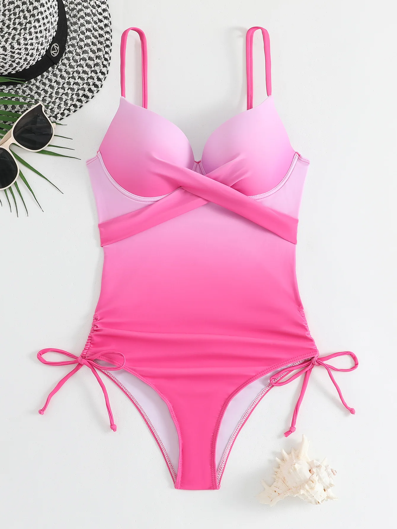 

Винтажный розовый градиентный слитный купальник 2026 года для женщин с перекрестными бретелями, пуш-ап эффектом, на косточках, со шнурком и боковой коррекцией живота