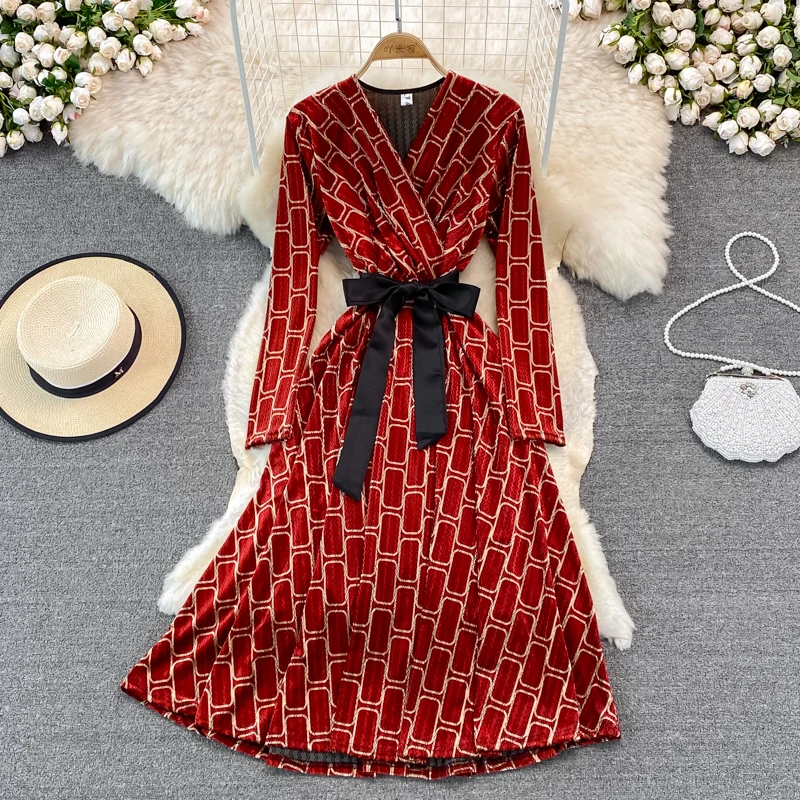 

Spring Plaid Luxury Elegant Lace Up Bow Party Dress Women 2021 Slim Bodycon V-neck Dress Elegant Y2k Swing Long Dress Vestido