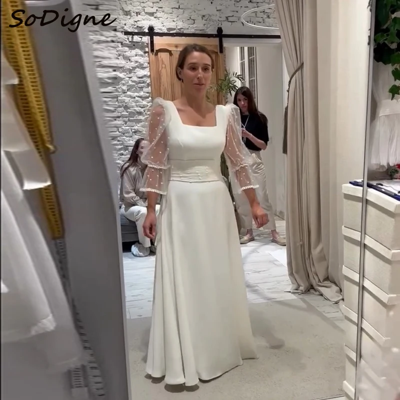 Sodigne linha a pontilhado tule vestidos de casamento gola quadrada 3/4 mangas cetim vestido de noiva vestido de casamento robe de mairee ﻿ Personalizado