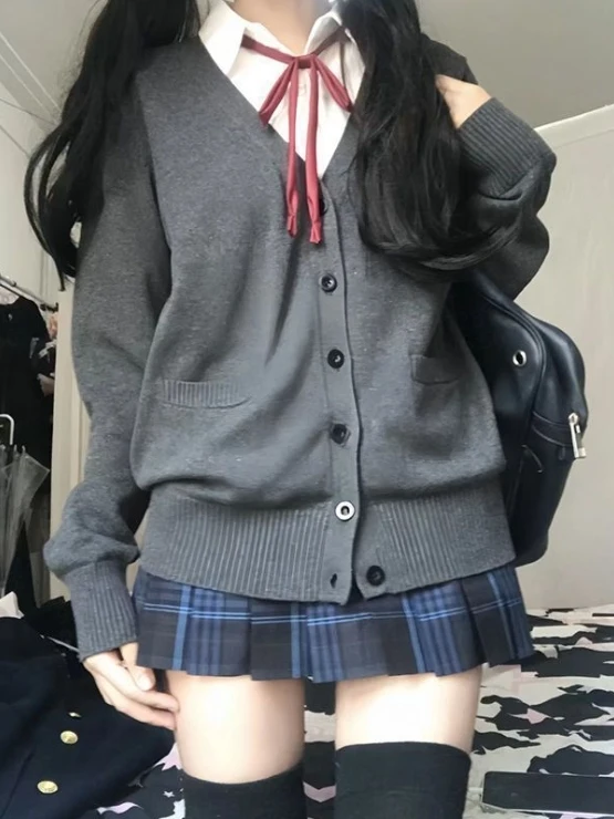 سترة طويلة محبوكة متعددة الاستخدامات فضفاضة من Sve V-Ne سترة نسائية يابانية Sle JK للخريف والشتاء وصل حديثًا للكلية Sle