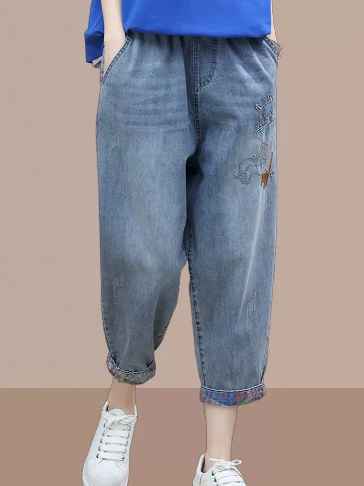 

Casual Embroidered Women's Jeans Loose Waist Thin Seven-Quarter Length Harlan Pants Summer New Sle plus Size Blue Denim