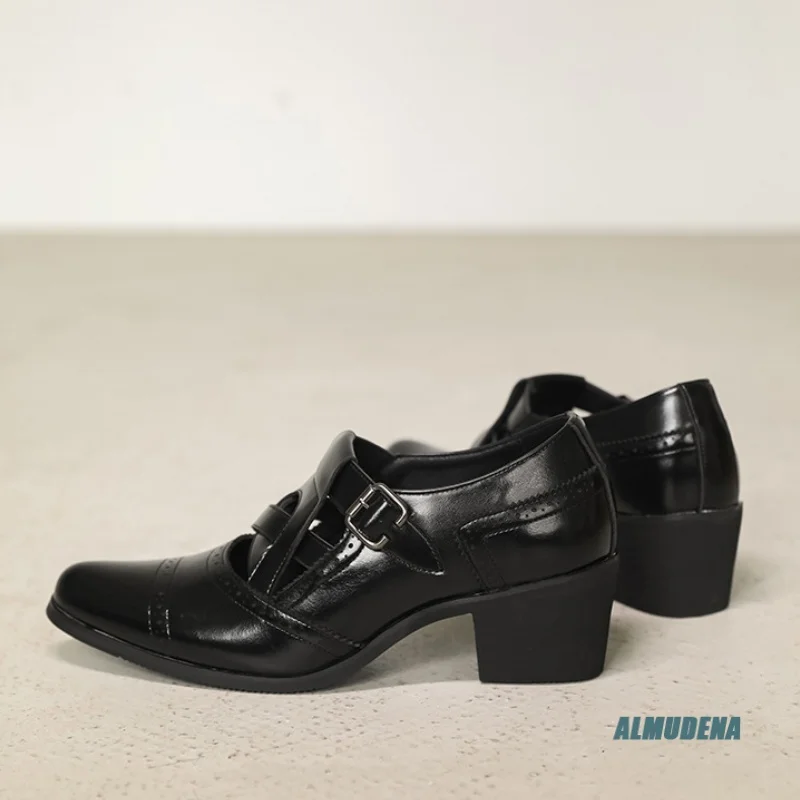 

Polished Leather Pointed Toe Mid Heel Shoes Men's Double Buckle Cutout Detail Urban Versatile Formal Occasion Casual Shoes