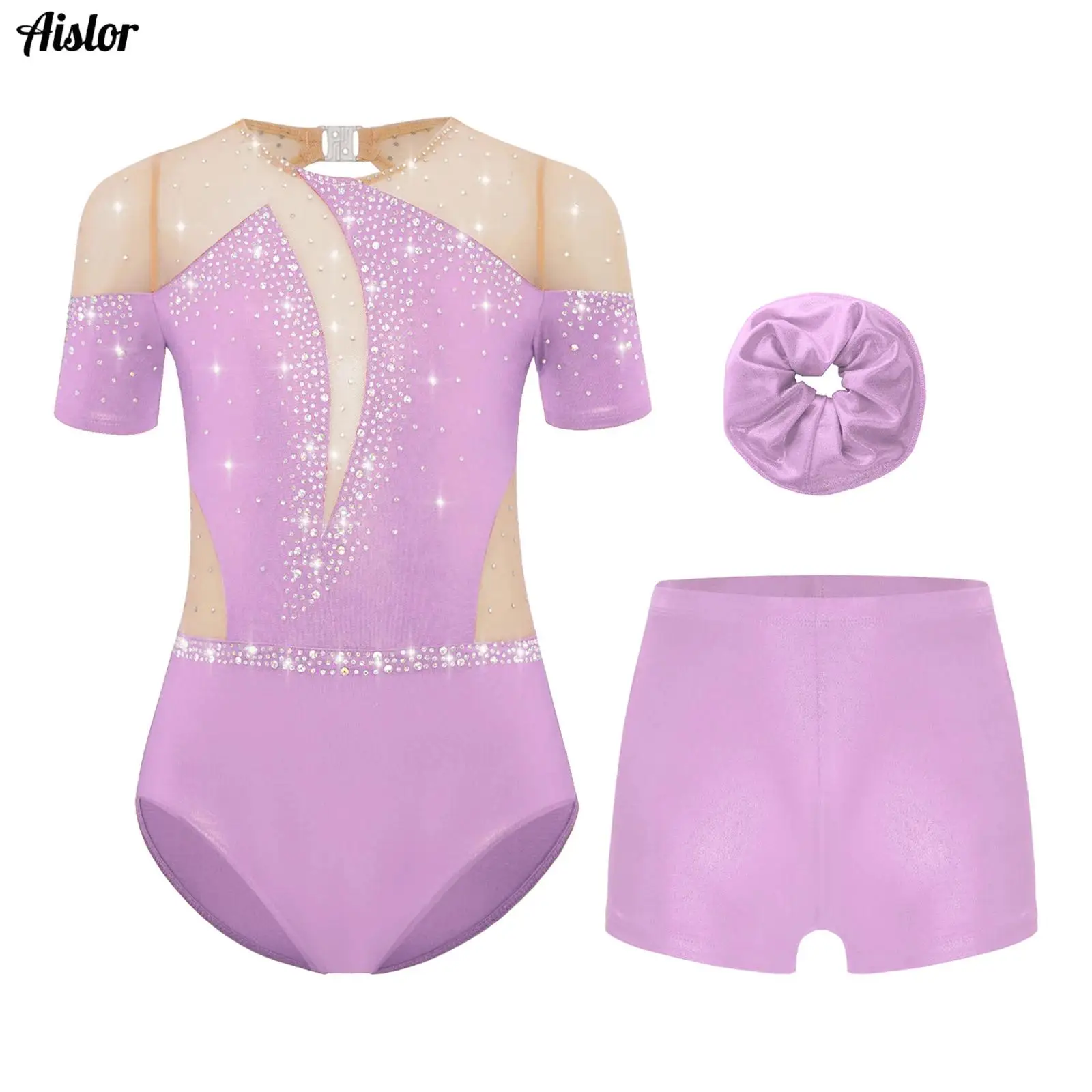 

3Pcs Kids Girls Gymnastics Figure Skating Dance Leotard Short Sleeve Sheer Mesh Shiny Rhinestones Ballet Leotard+Shorts+Hairband