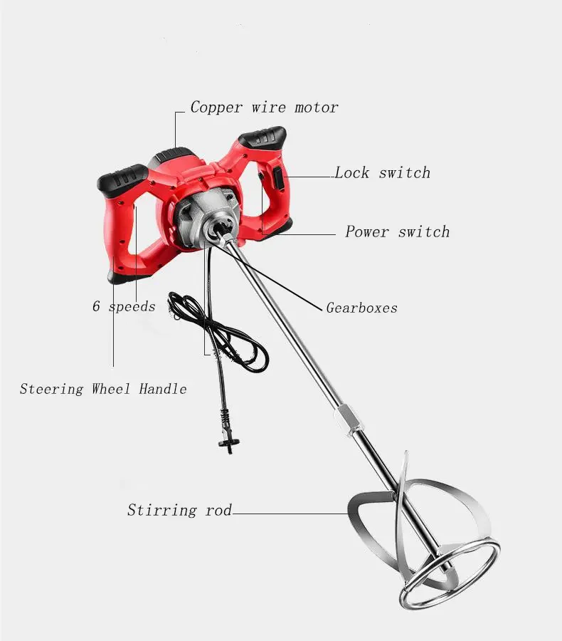 Adjustable 6-speed handheld electric mortar mixer electric cement gypsum grouting paint thinner mixing tool food paint motor