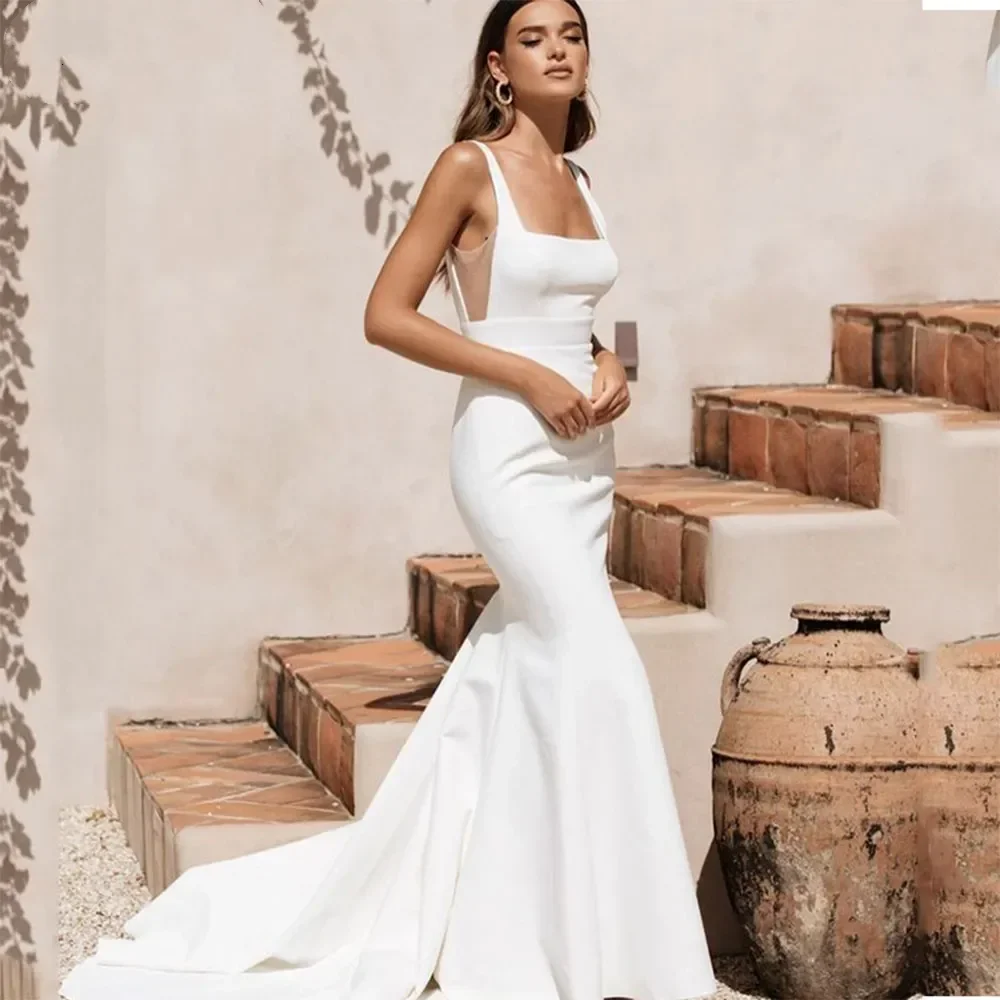 Customized  Mermaid Wedding Dresses Women White Elastic Satin Bridal Gowns Simple backless Spaghetti Straps Vestidos De Novia