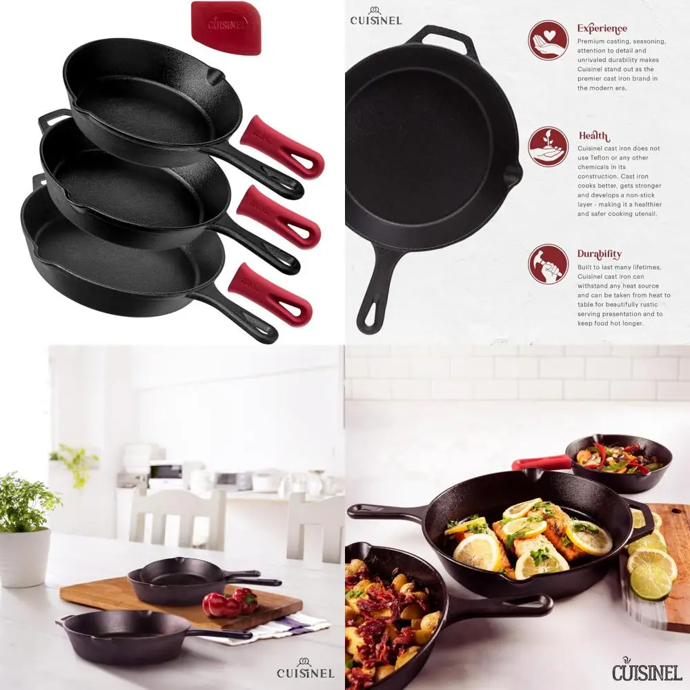 

"Set of 3 Pre-Seasoned Cast Iron Skillets: 12", 10", and 8" Inch Frying Pans with Silicone Handle Covers for Indoor and Outdoor