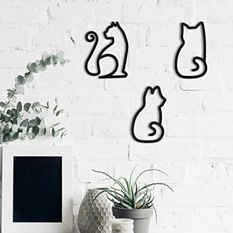 3 Piece Wall Art Wire Cats Sign Wall Decor Decors Accessories Black Metal For Kitchen Restaurant Shop