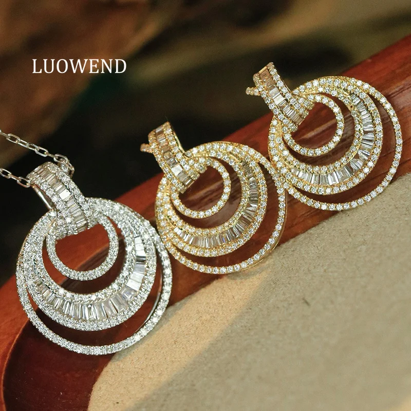 

LUOWEND 100% 18K White Gold Necklace Elegant Round Shape Real Natural Diamond Earrings&Necklace for Women High Jewelry Set t