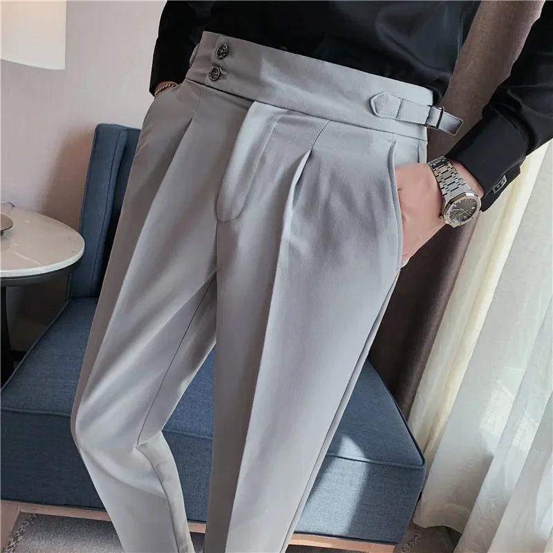 Men High Waist Trousers 2023 Autumn British Style Solid Color Casual Dress Pants Slim Fit Formal Suit Pants Fashion Men Clothing